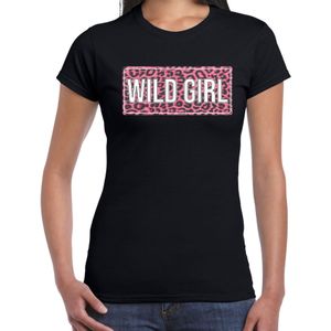 Wild girl fun t-shirt met panterprint - zwart - dames - fout fun tekst shirt / outfit / kleding