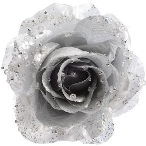 6x Zilveren glitter roos met clip - Zilveren glitter rozen - Decoratie bloemen / kerstboomversiering bloemen