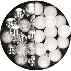 28x stuks kleine kunststof kerstballen wit en zilver 3 cm - kerstversiering