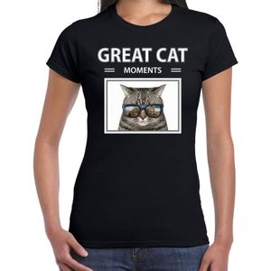 Dieren foto t-shirt grijze kat - zwart - dames - great cat moments - cadeau shirt katten liefhebber