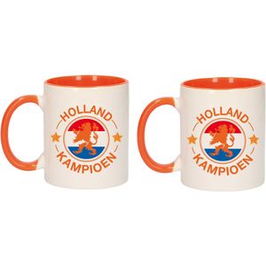 2x stuks Holland kampioen beker / mok wit en oranje - 300 ml - voetbal mok - oranje supporter / fan