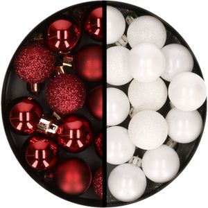 Kerstballen 34x st - 3 cm - donkerrood en wit - kunststof