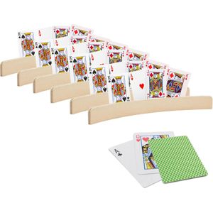 6x stuks Speelkaarthouders - inclusief 54 speelkaarten groen geruit - hout - 35 cm - kaarthouders