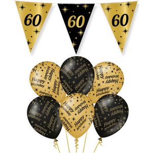 60 jaar verjaardag versiering pakket zwart/goud vlaggetjes/ballonnen