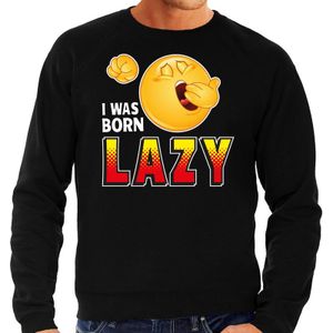 Funny emoticon sweater I was born lazy / lui zwart voor heren -  Fun / cadeau trui