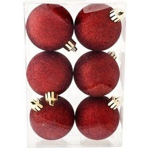 18x Donkerrode kunststof kerstballen 6 cm - Glitter - Onbreekbare plastic kerstballen - Kerstboomversiering donkerrood