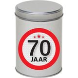 Cadeau/kado zilver rond blik 70 jaar 13 cm - Snoepblikken - Cadeauverpakking voor verjaardag