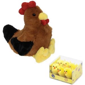 Pluche bruine kippen/hanen knuffel van 25 cm met 6x stuks mini kuikentjes - Paas/Pasen decoratie