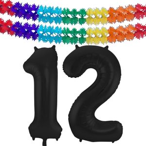 Folat folie ballonnen - Leeftijd cijfer 12 - zwart - 86 cm - en 2x slingers