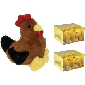 Pluche bruine kippen/hanen knuffel van 25 cm met 12x stuks mini kuikentjes 5 cm - Paas/pasen decoratie