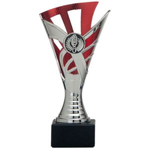 Luxe trofee/prijs beker - zilver/rood - kunststof - 18,5 x 9 cm - sportprijs