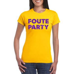Geel Foute Party t-shirt met paarse glitters dames - Themafeest/feest kleding