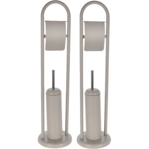 2x stuks toiletborstels met toiletrolhouder taupe metaal 80 cm - Badkameraccessoires/benodigdheden - Toiletaccessoires/benodigdheden - Wc-borstels/toiletborstels - Toiletrolhouders