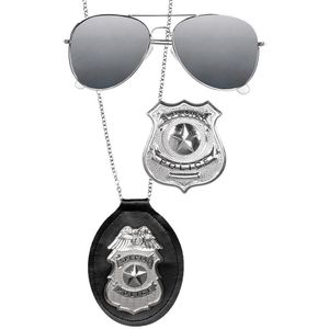 Boland Carnaval/verkleed accessoires Politie - ketting met badge/spiegel zonnebril - zwart/zilver - kunststof