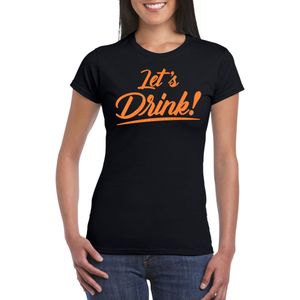 Bellatio Decorations Verkleed T-shirt voor dames - lets drink - zwart - oranje glitters - glamour