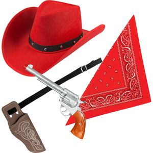 Carnaval verkleeds set cowboyhoed Billy - rood - rode hals zakdoek - holster met revolver