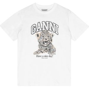 Ganni, Tops, Dames, Wit, M, Katoen, Luipaardprint Relaxte T-shirt