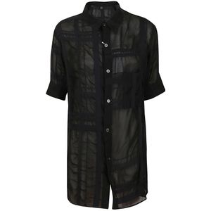 Yohji Yamamoto, Blouses & Shirts, Dames, Zwart, L, Nylon, Zwarte Georgette Geëmbosseerde Overhemd