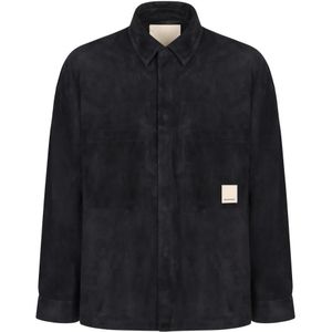 Emporio Armani, Jassen, Heren, Blauw, L, Leer, Leren overshirt met twee voorzakken
