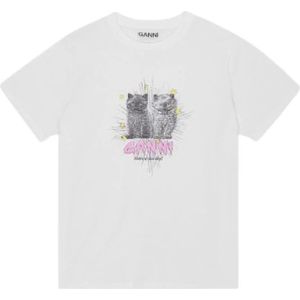 Ganni, Tops, Dames, Wit, M, Katoen, Roze Katoenen T-shirt met Front Print