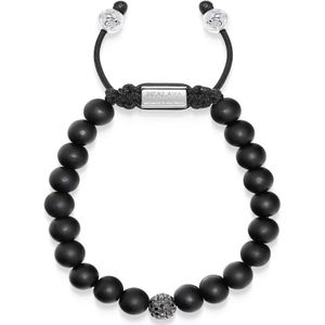 Nialaya, Accessoires, Heren, Grijs, L, Nylon, Zwarte Diamanten Kralenarmband met Matte Onyx