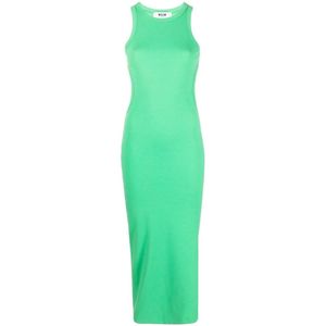 Msgm, Kleedjes, Dames, Groen, S, Katoen, Geribbelde Stretch Katoenen Midi Sheath Jurk