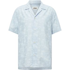 Drykorn, Overhemden, Heren, Blauw, XL, Katoen, Blauw overhemd met korte mouwen palm patroon Cubaanse kraag