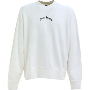 Palm Angels, Sweatshirts & Hoodies, Heren, Wit, M, Gebogen Logo Crewneck Sweatshirt