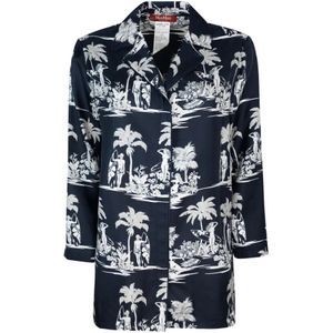 Max Mara Studio, Blouses & Shirts, Dames, Blauw, S, Geprint Zijden Overhemd
