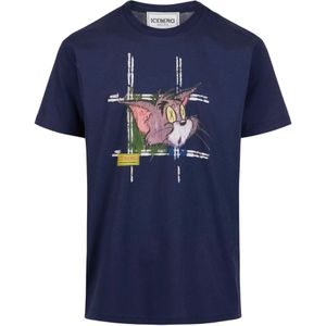 Iceberg, Tops, Heren, Blauw, 2Xl, Katoen, Klassiek regular fit blauw T-shirt van katoenen jersey met Tom-print op de voorkant