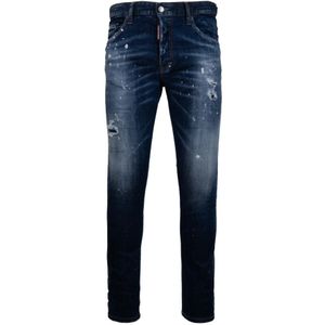 Dsquared2, Jeans, Heren, Blauw, L, Katoen, Herenknoop Jeans met Leren Patch