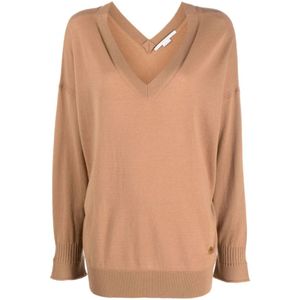 Stella McCartney, Truien, Dames, Bruin, M, Wol, Bruine gebreide trui met V-hals en logo-embleem