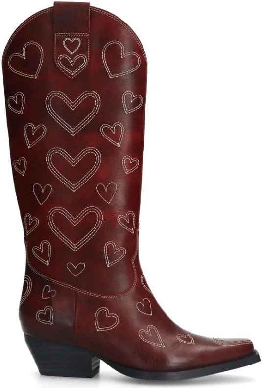 Sacha, Schoenen, Dames, Rood, 38 EU, Leer, Rode Leren Cowboylaarzen met Hartdetails