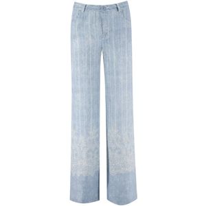 Ermanno Scervino, Jeans, Dames, Blauw, XS, Linnen, Gestreepte linnen broek met kanten details