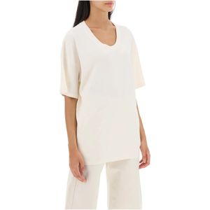 Lemaire, Tops, Dames, Wit, S, Katoen, Oversized katoenen T-shirt met micro-geribbelde ronde hals