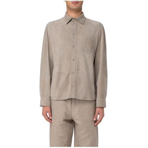 Brunello Cucinelli, Overhemden, Heren, Grijs, S, Suède, Grijze Suède Lange Mouwen Shirt