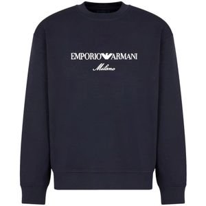 Emporio Armani, Sweatshirts & Hoodies, Heren, Blauw, L, Katoen, Logo Geborduurde Sweaters Regular Fit