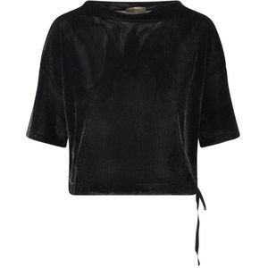Herno, Tops, Dames, Zwart, L, Corduroy Cropped T-shirt met Trekkoord