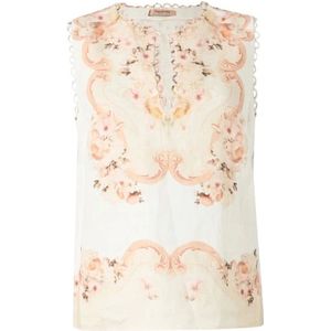 Twinset, Tops, Dames, Beige, S, Linnen, Bloemige V-hals Linnen Top