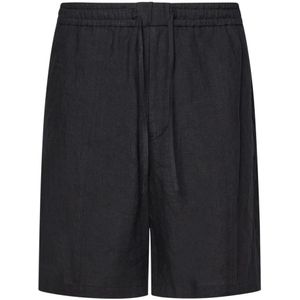 Emporio Armani, Korte broeken, Heren, Zwart, M, Linnen, Zwarte Linnen Shorts met Elastische Taille