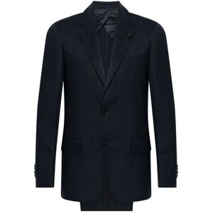 Lardini, Pakken, Heren, Blauw, XL, Wol, Gestreept donkerblauw pak met klassieke details
