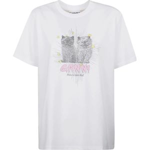 Ganni, Tops, Dames, Wit, S, Katoen, Witte Relaxed Kittens Grafische T-shirt