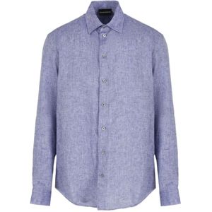 Emporio Armani, Overhemden, Heren, Blauw, XL, Linnen, Blauw Linnen Overhemd Rechte Kraag