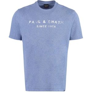 Paul & Shark, Tops, Heren, Blauw, L, Katoen, Katoenen T-shirt met Geribbelde Halslijn