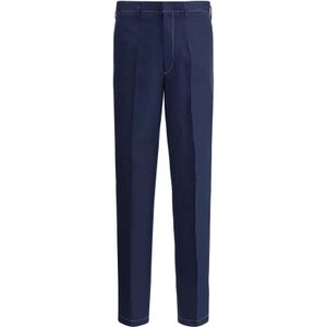 Prada, Broeken, Heren, Blauw, L, Linnen, Stijlvolle linnen broek met contraststiksels