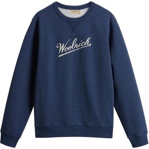 Woolrich, Sweatshirts & Hoodies, Heren, Blauw, L, Katoen, Blauwe Geribbelde Trui met Geprint Logo
