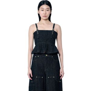Ganni, Tops, Dames, Zwart, S, Denim, Fluffy Denim Peplum Strap Top