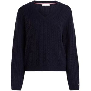 Tommy Hilfiger, Truien, Dames, Blauw, M, Wol, Gedraaide V-hals Gebreide Trui