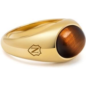 Nialaya, Accessoires, Heren, Geel, 58 MM, Gouden ovale zegelring met bruin tijgeroog