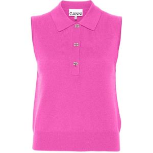 Ganni, Tops, Dames, Roze, M, Wol, Roze Wol Kasjmier Polo Topwear